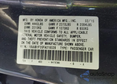 2015 Acura Tlx z USA, uszkodzony, nr VIN 19UUB1F35FA016539